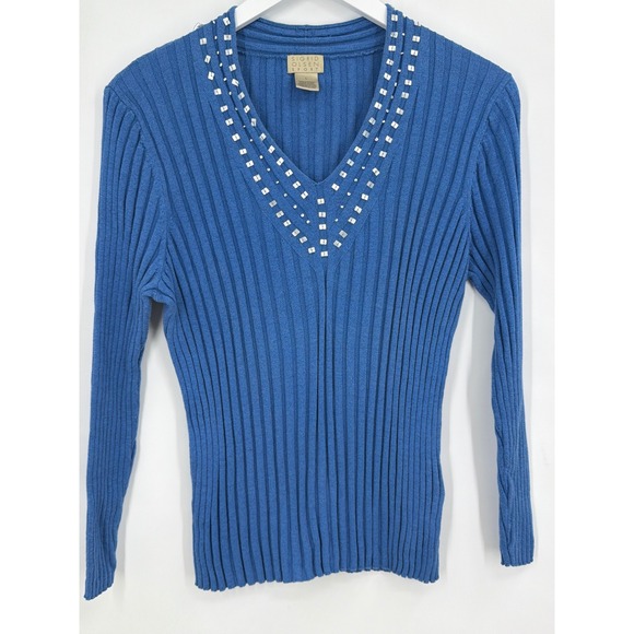 Sigrid Olsen Sport Sweaters - Vtg Sigrid‎ Olsen Sport Blue Ribbed V-Neck Beaded Sweater Lg Cotton Rayon Blend